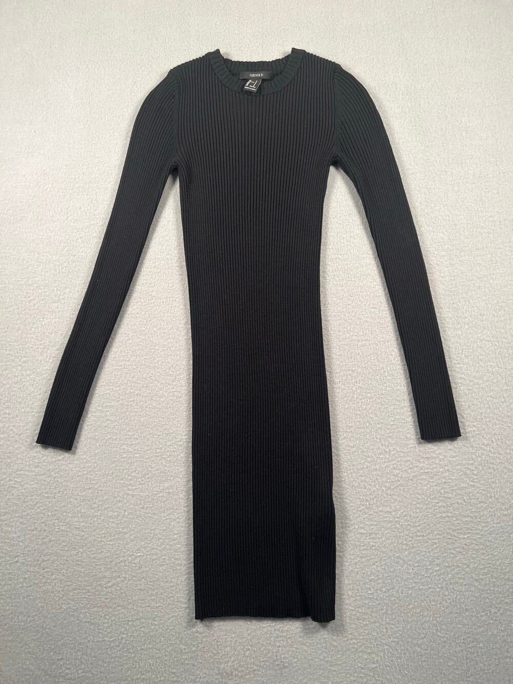 Forever 21 Black Ribbed Knit Long Sleeve Bodycon Midi Dress S
